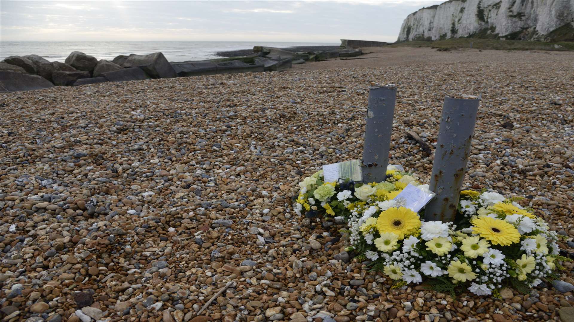 Wreaths near the scene at Oldstairs Bay, Kingsdown where a Nicholas Warren died in the sea while trying to save his dog. Picture: Chris Davey