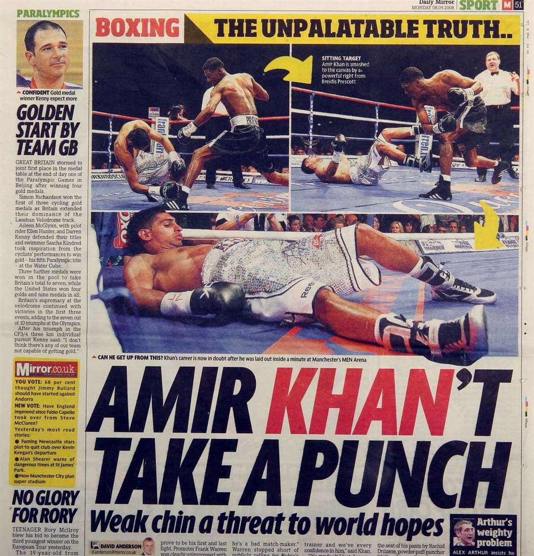 John's pictures graced many national newspapers, including these of Amir Khan being beaten for the very first time, in a shock defeat to Breidis Prescott in 2008 Pic: John Gichigi/Getty Images