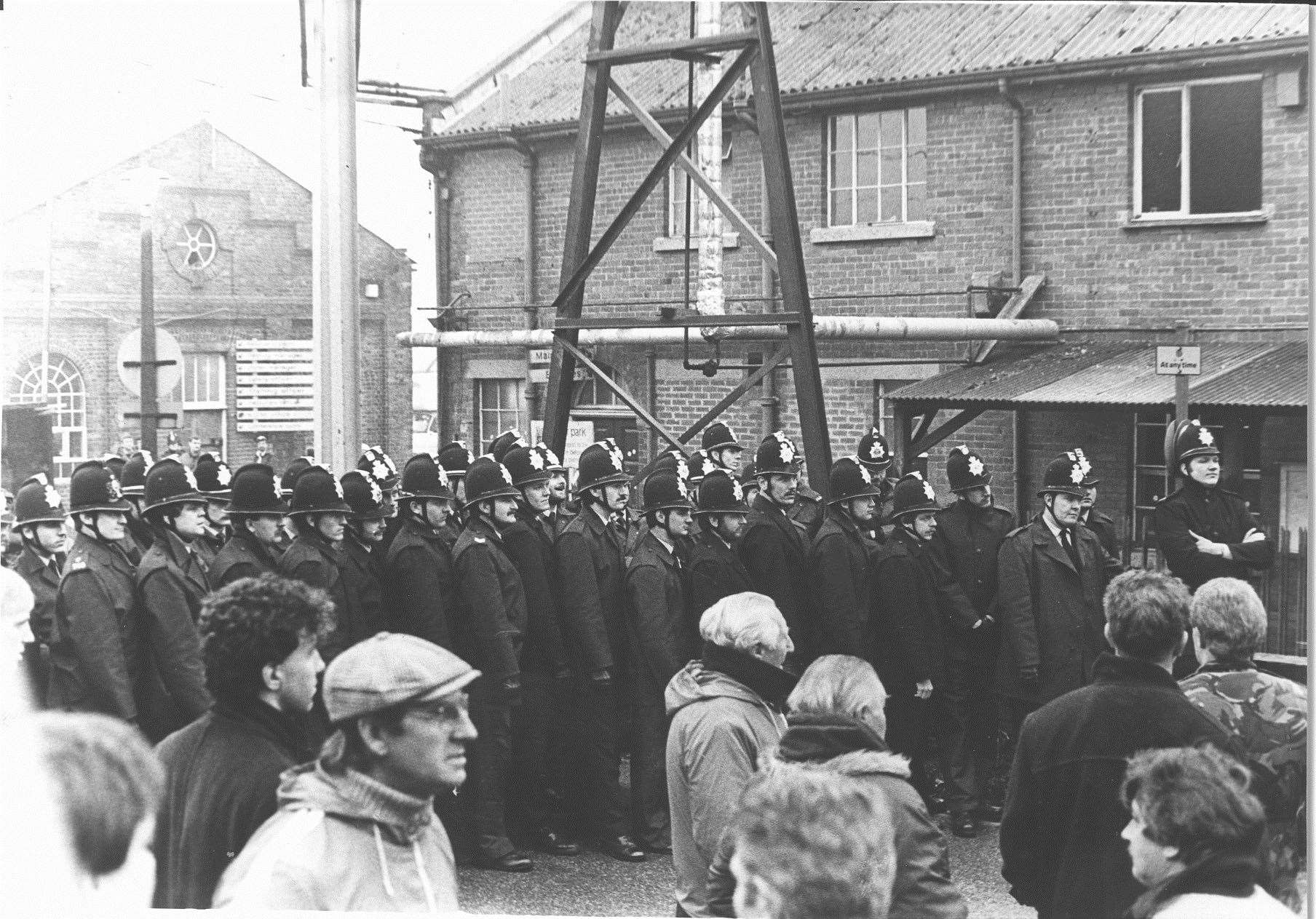 Pickets and police at Snowdown Colliery during the miners' strike in 1984