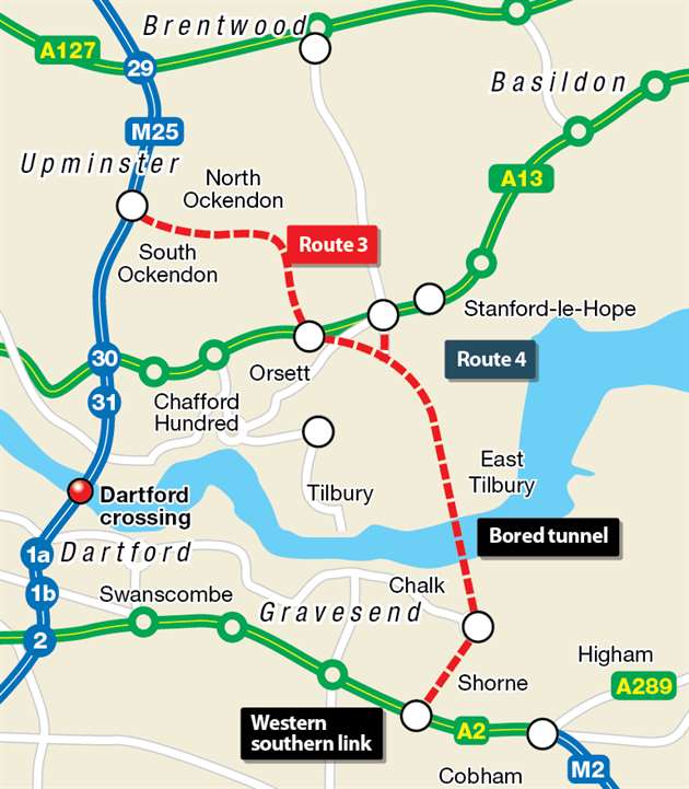 The Lower Thames Crossing will follow the route in red