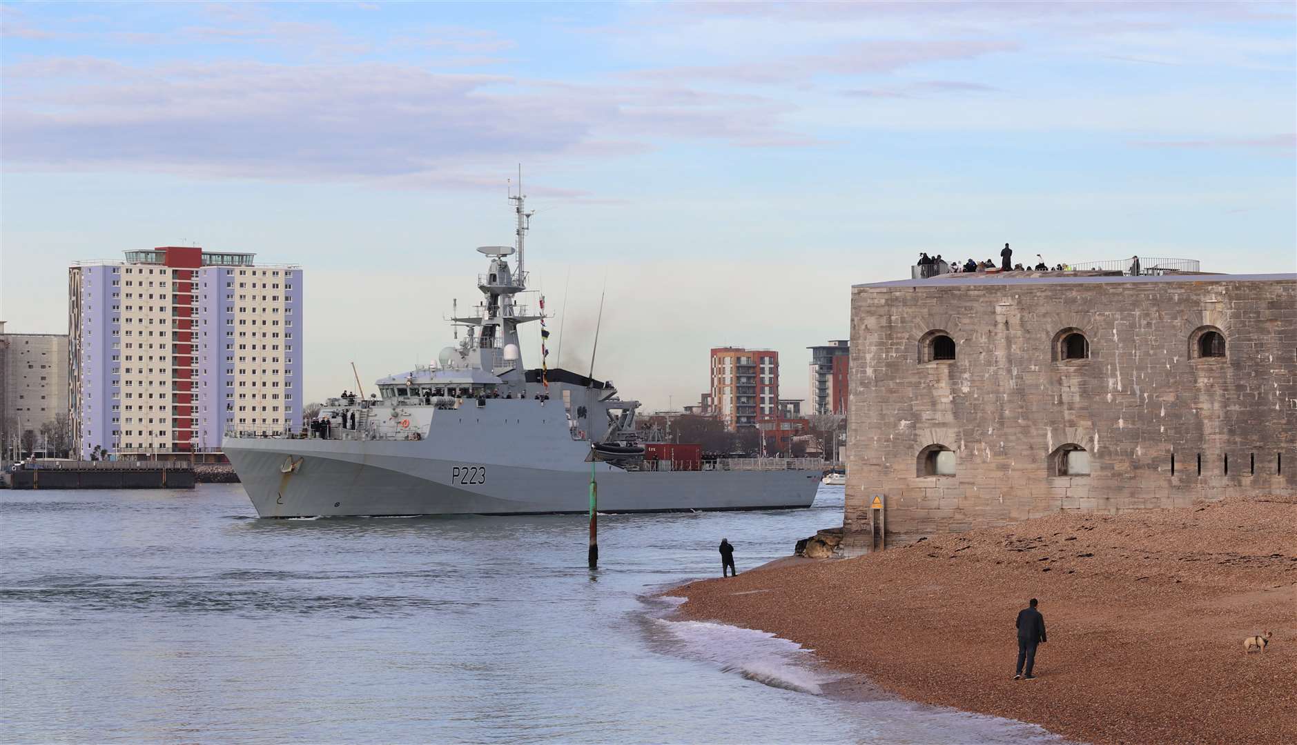 HMS Medway left Portsmouth Harbour waved on from the famous Round Tower at the entrance to the harbour on January 20 last year. Picture: Royal Navy