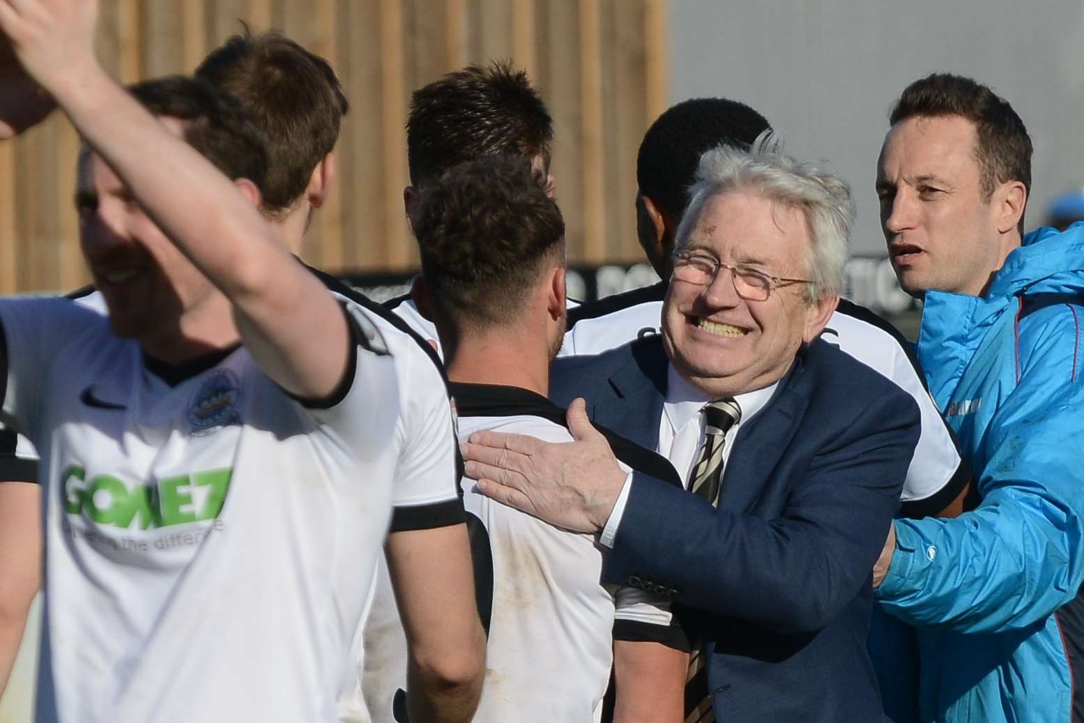 Jake Leberl, far right and boss Chris Kinnear celebrate Dover's recent win over Gateshead Picture: Gary Browne