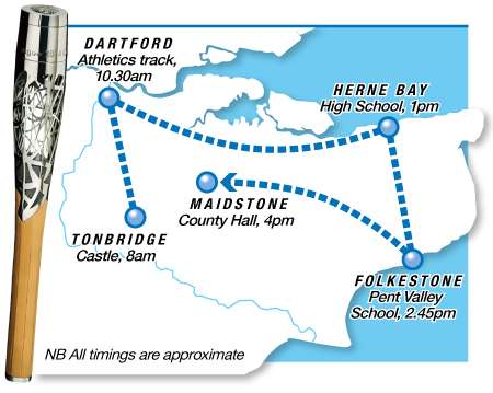 Route of the Queen's baton relay in Kent