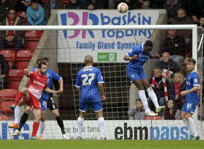 Amine Linganzi clears a chance off the line at Orient Pic: Barry Goodwin