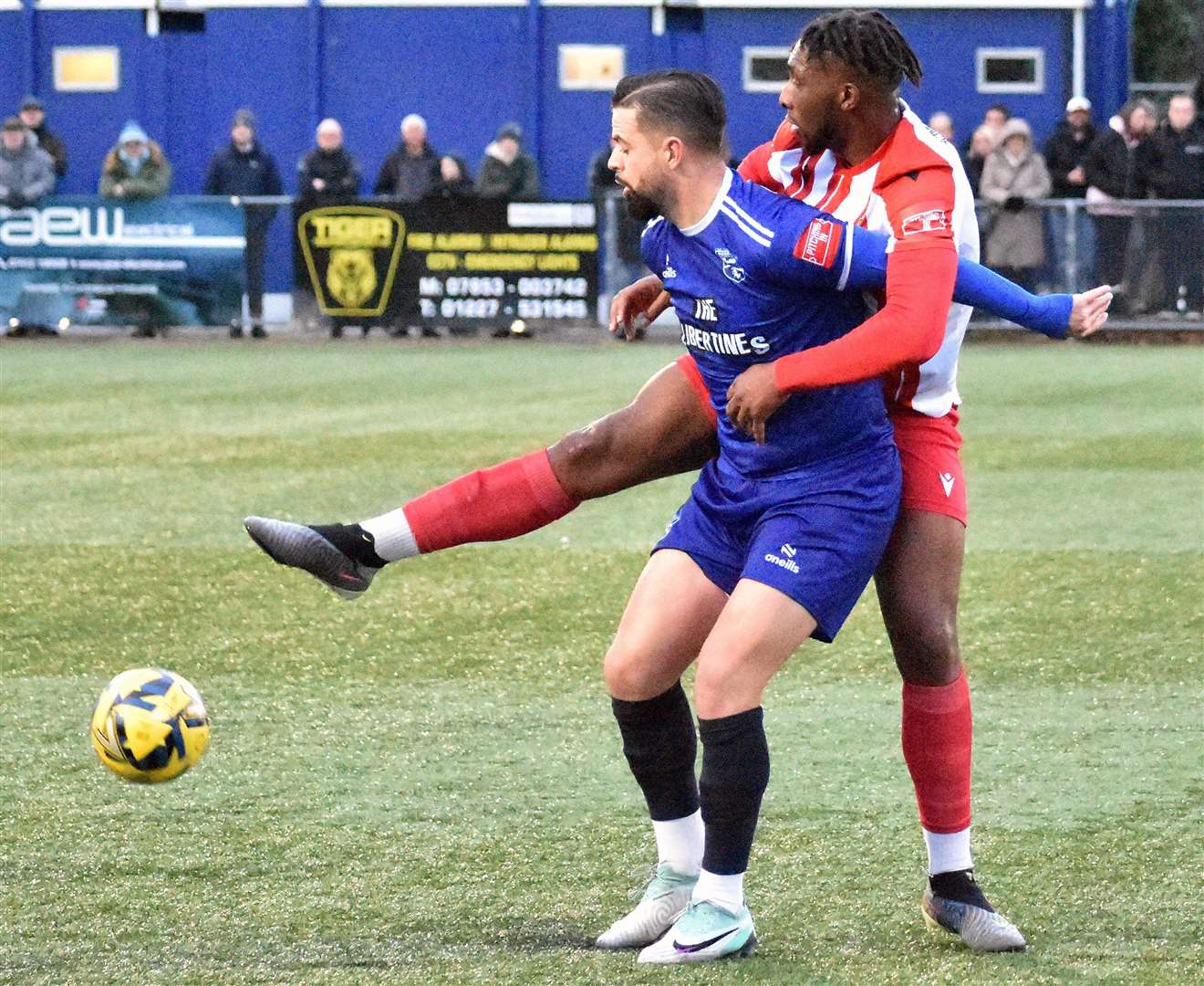 Ben Greenhalgh, pictured in action during Margate’s derby defeat to Folkestone, was sent off in their 3-2 weekend loss at Whitehawk. But the club are set to appeal his red card. Picture: Randolph File