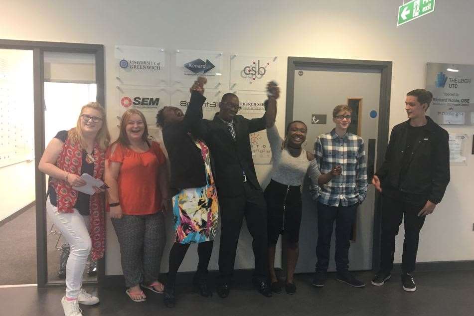 Amelia Cockran, Carys Harvey, Carris Williams, Akeem Rhoden, Esther Boafo, Curtis Martin and Tom Saunders celebrate at The Leigh UTC. Picture: The Leigh UTC
