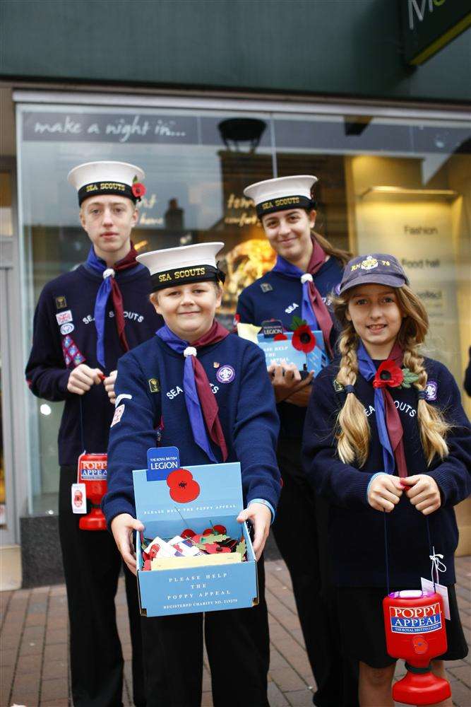 Members of the 2nd Deal Sea Scouts selling Poppies in Deal town centre