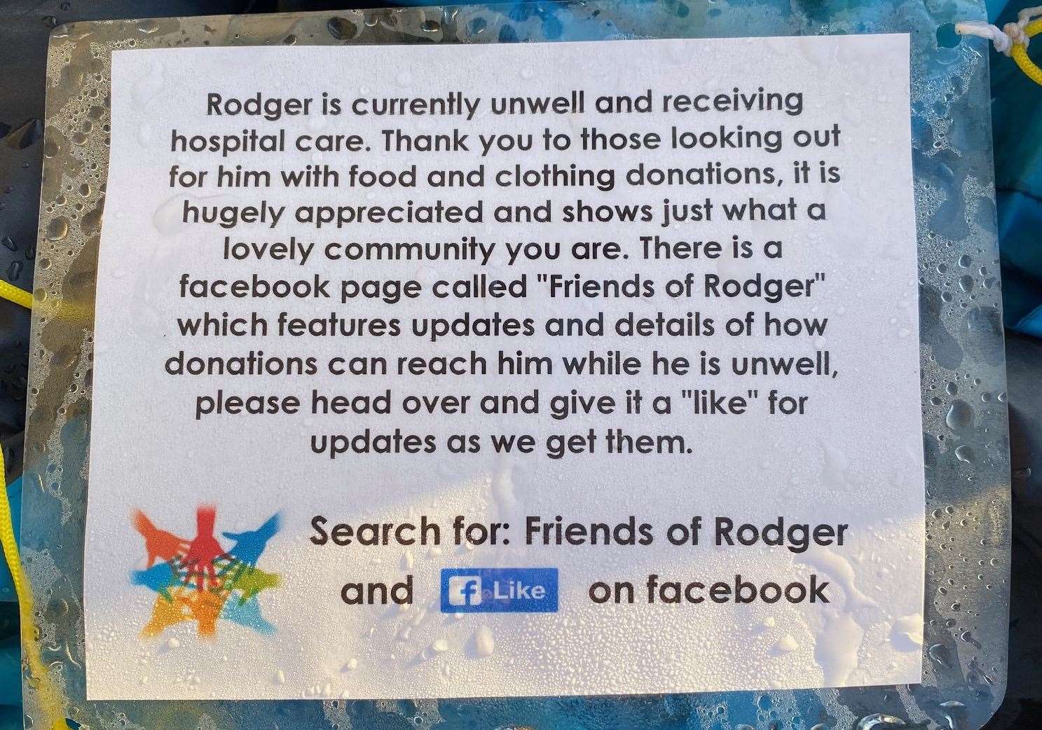 The note left on Rodger's tent in St Andrew's Road, Barming, in Maidstone, during his stay in hospital