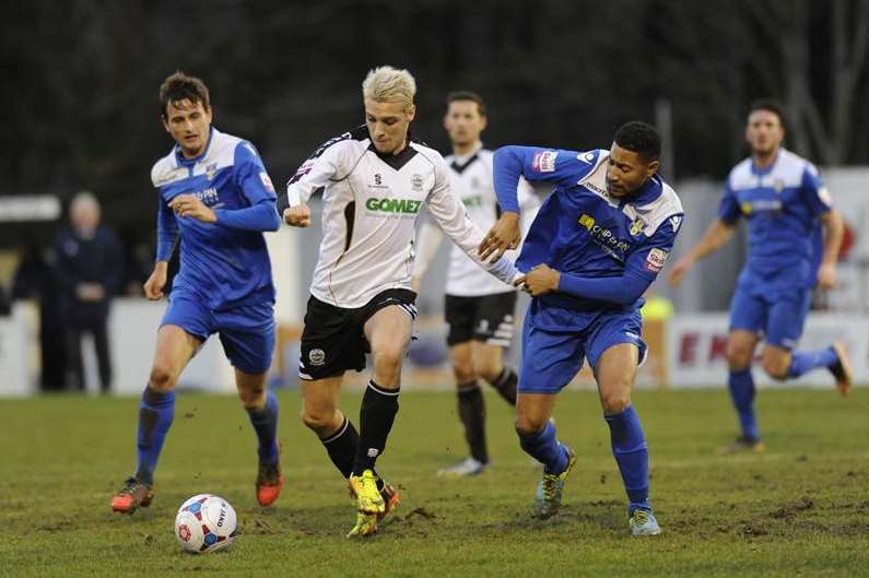 Liam Bellamy is about to score Dover's first goal (Pic: Tony Flashman)