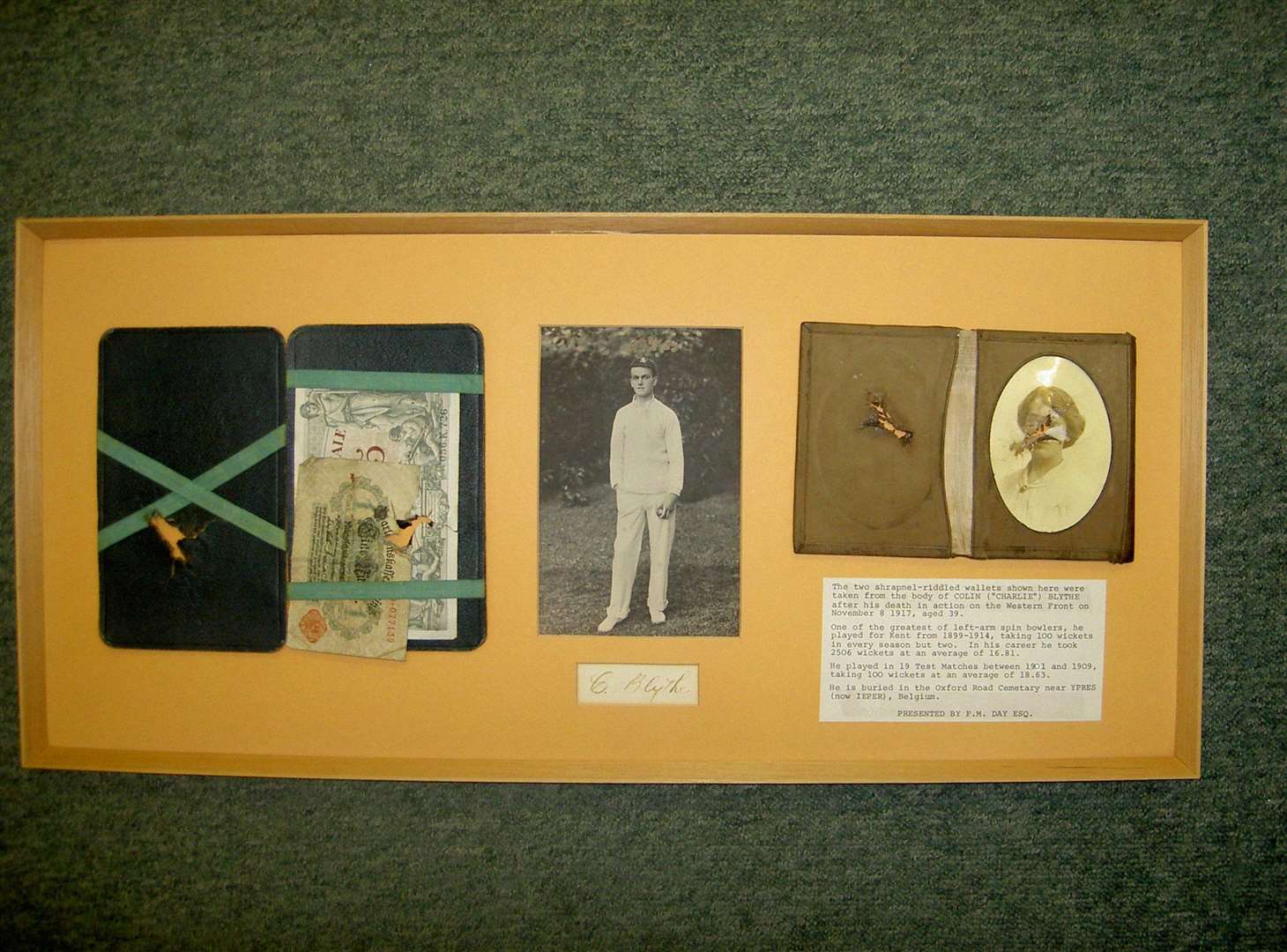 Colin Blythe's wallets which were pierced by shrapnel when he was killed