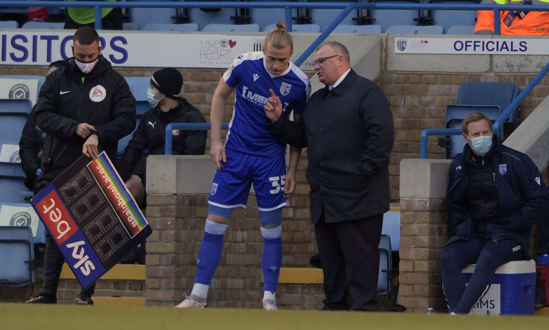 Gillingham substitute Declan Drysdale gets his instructions from boss Steve Evans. Picture: Barry Goodwin (43420961)