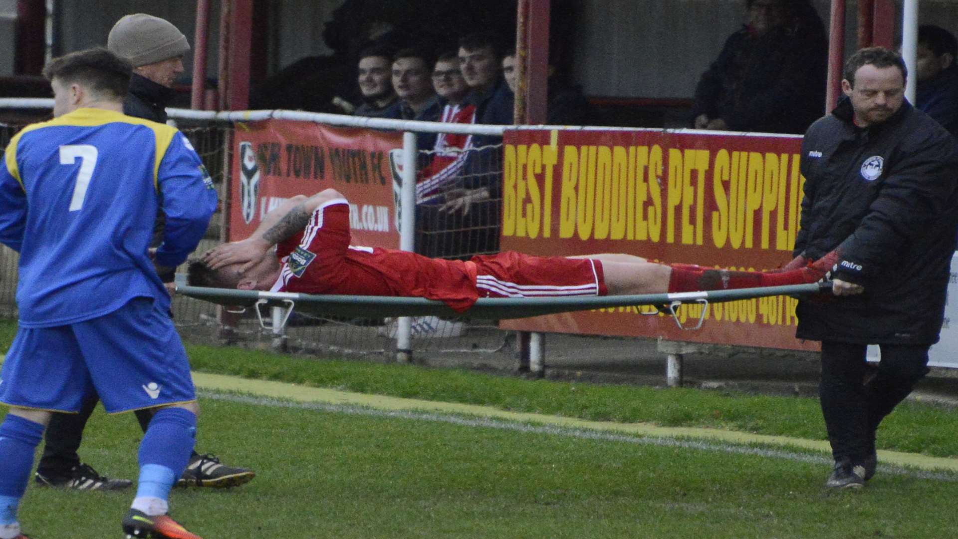 Callum Emptage is stretchered off at Reachfields Picture: Paul Amos