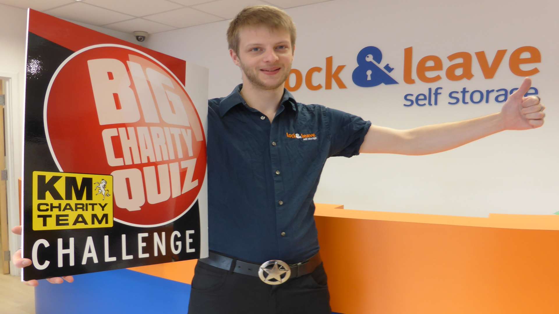 Dan Wells of Lock and Leave Self Storage announces support for Canterbury heat of KM Big Charity Quiz, staged at University of Kent sports hall on Friday, April 22