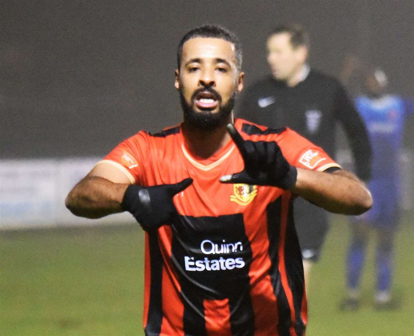 Sittingbourne midfielder Ahmed Abdulla celebrates scoring against Whitehawk Picture: Ken Medwyn
