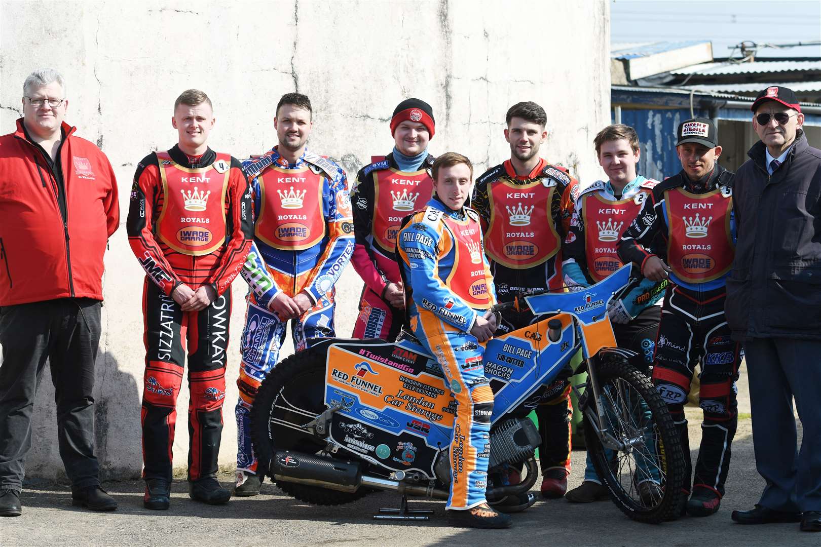 Kent Royals - the class of 22. From left: Si Kellow (promoter), Joe Alcock, Chris Watts, Sam Woolley, Danno Verge (captain, on the bike), Alfie Bowtell, Jamie Halder, Ben Morley, John Sampford (manager) Picture: Barry Goodwin