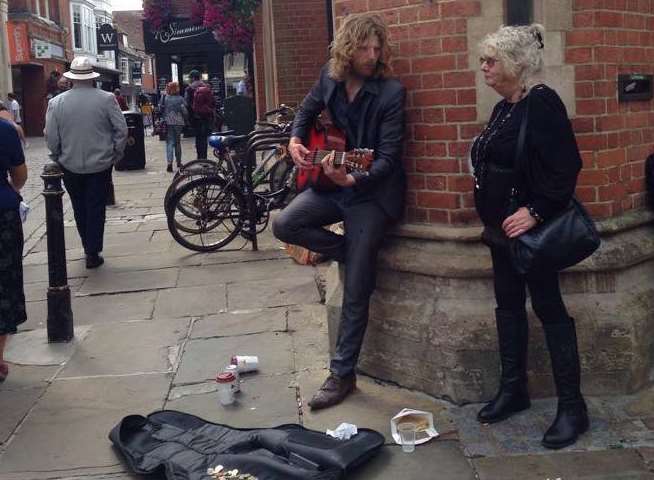 Max Martin busking outside Lloyds Bank in Canterbury city centre.