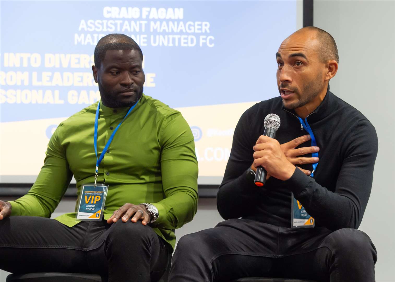George Elokobi and Craig Fagan address the audience at a Kent FA diversity event. Picture: Ian Scammell
