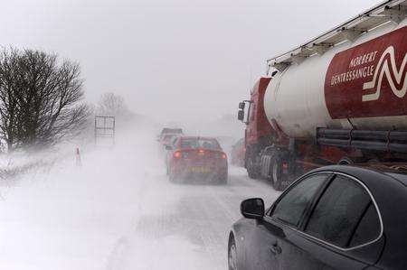 Traffic at a standstill on the A2 heading towards Dover after snow