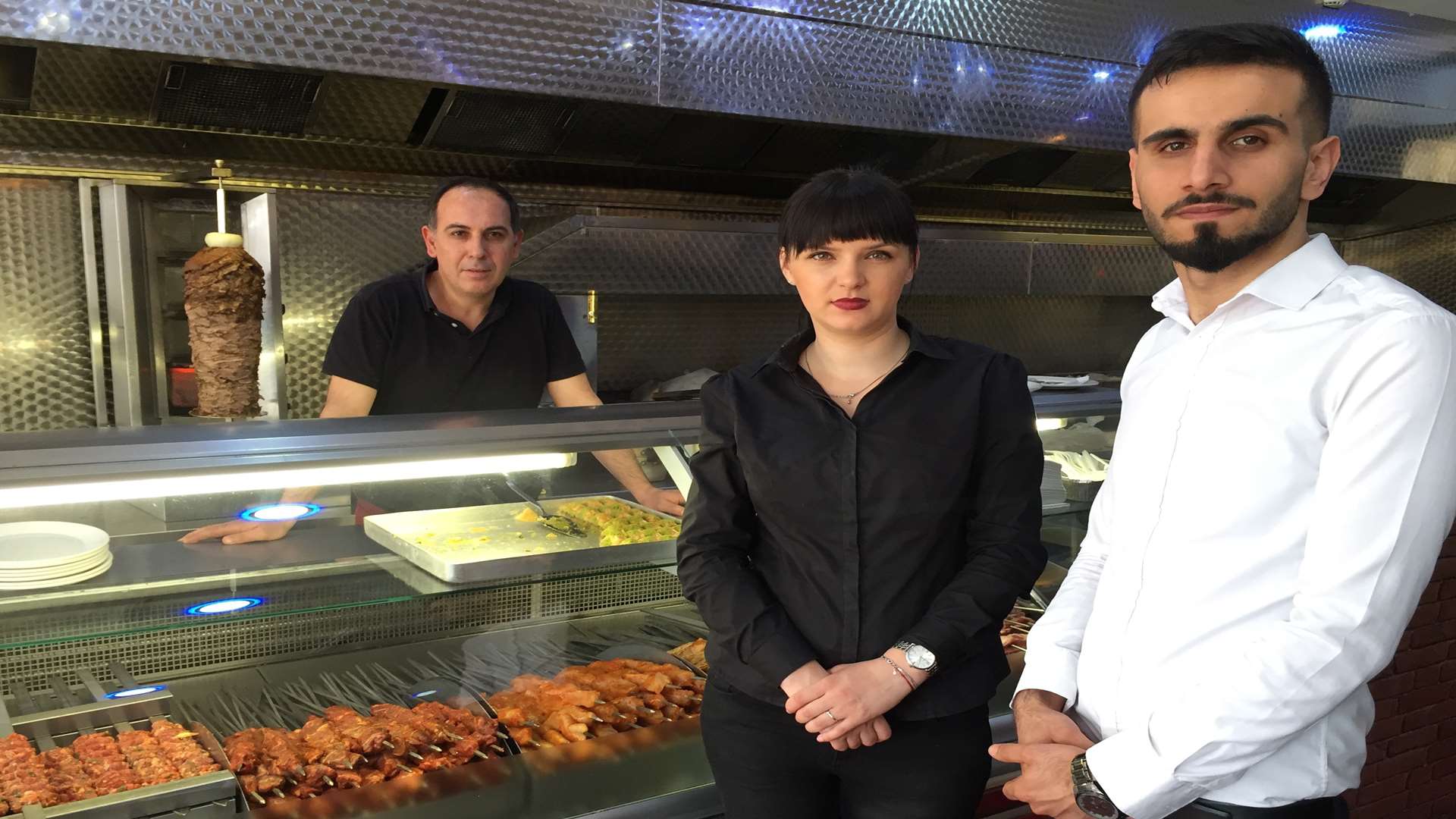 Sultan Sofrai, in New Road, Gravesend, which was broken into. restaurant owner Mehmet Celik, 22, (right) with head chef Hassan Yilmaz and waitress Popescu Alexandra