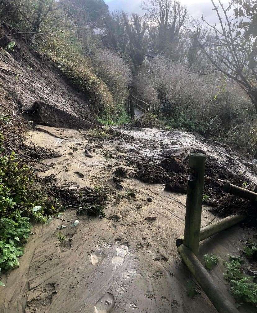 A mudslide has been pictured on the Cow Path at Folkestone Leas. Picture: James Butcher