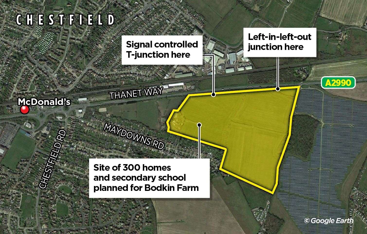 The site of the proposed development at Bodkin Farm and the access points.