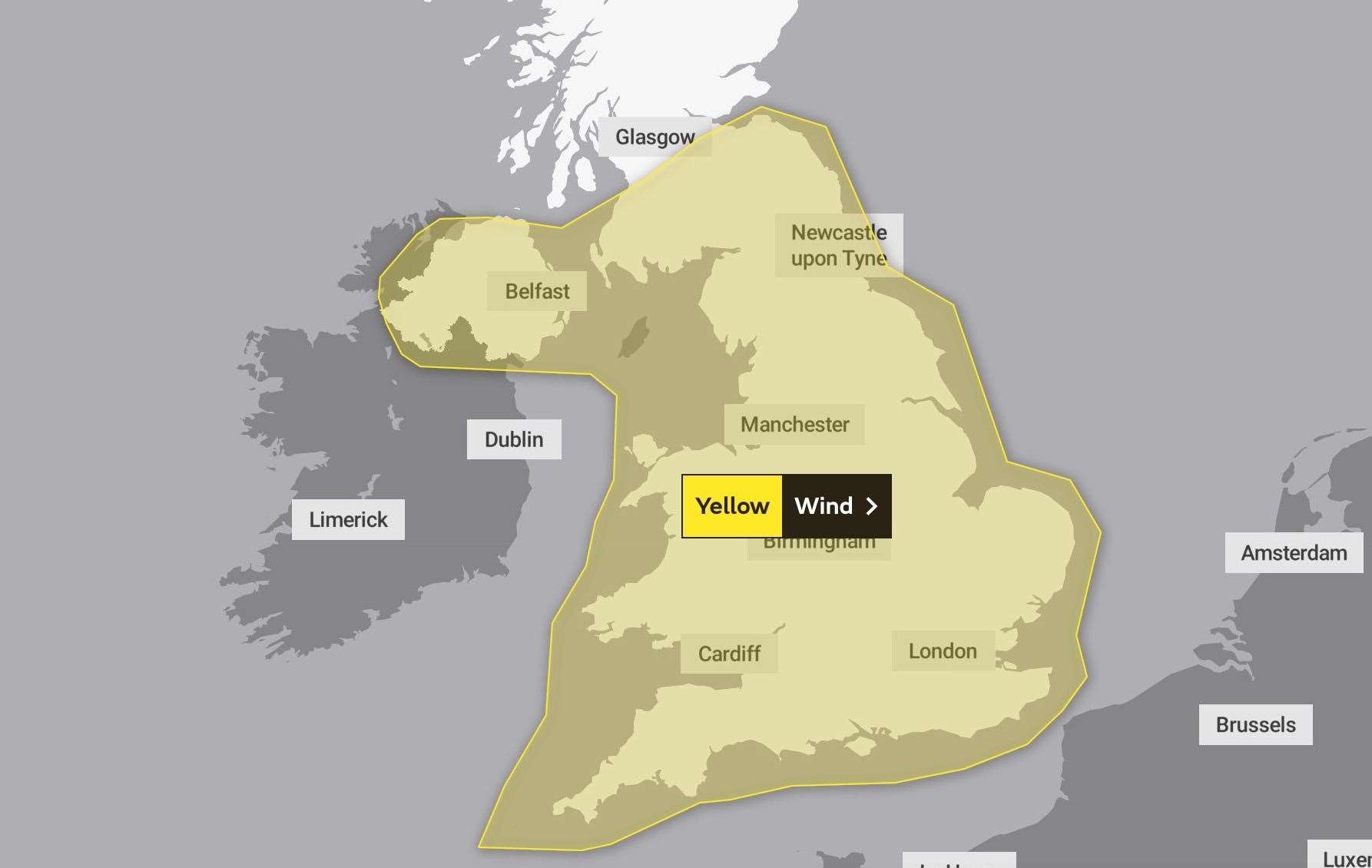 A yellow weather warning for wind has been issued. Picture: The Met Office