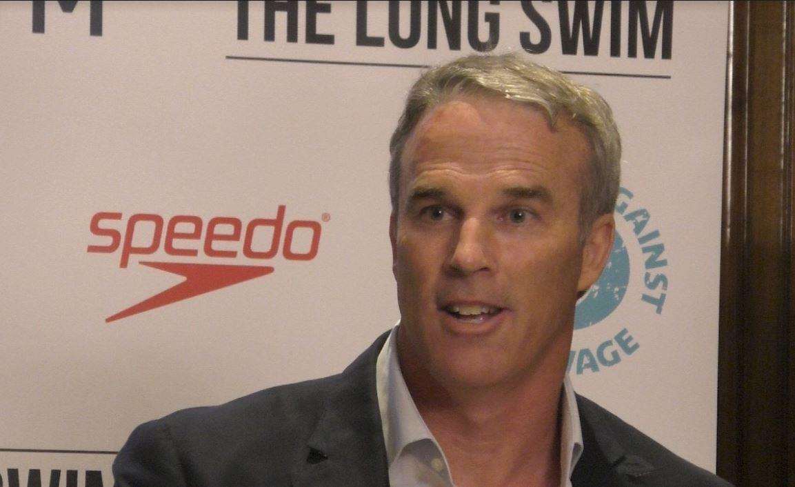 Lewis Pugh at the launch of the Long Swim in London on July 10. Pic: Harry Peet (3684447)