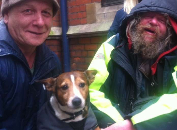 Jim Bell with homeless man Matthew and Jim's dog, Lucky, in Gravesend