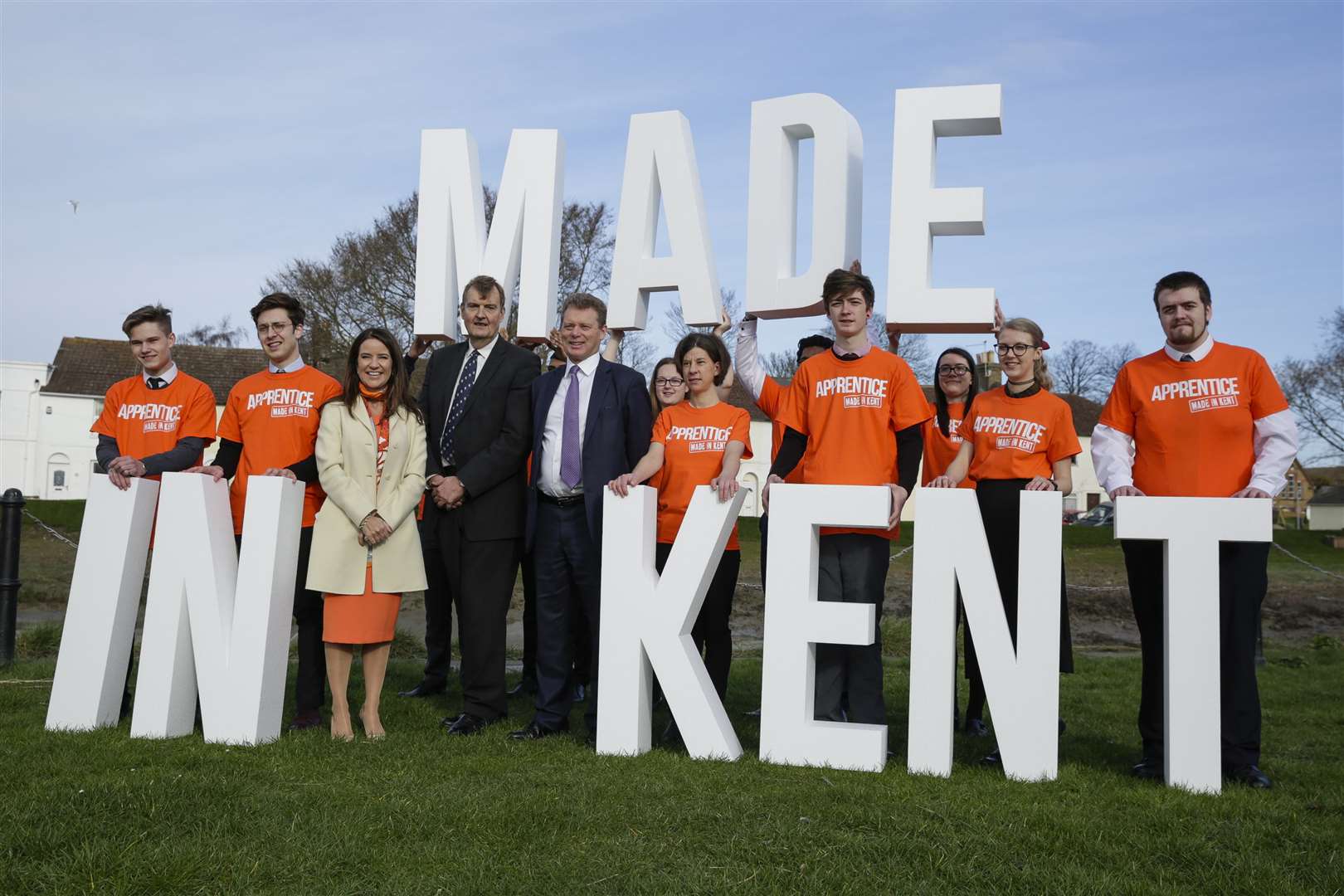Angela Middleton, Cllr Paul Carter and Jonathan Neame join apprentices for the launch of Kent County Council's Made in Kent campaign
