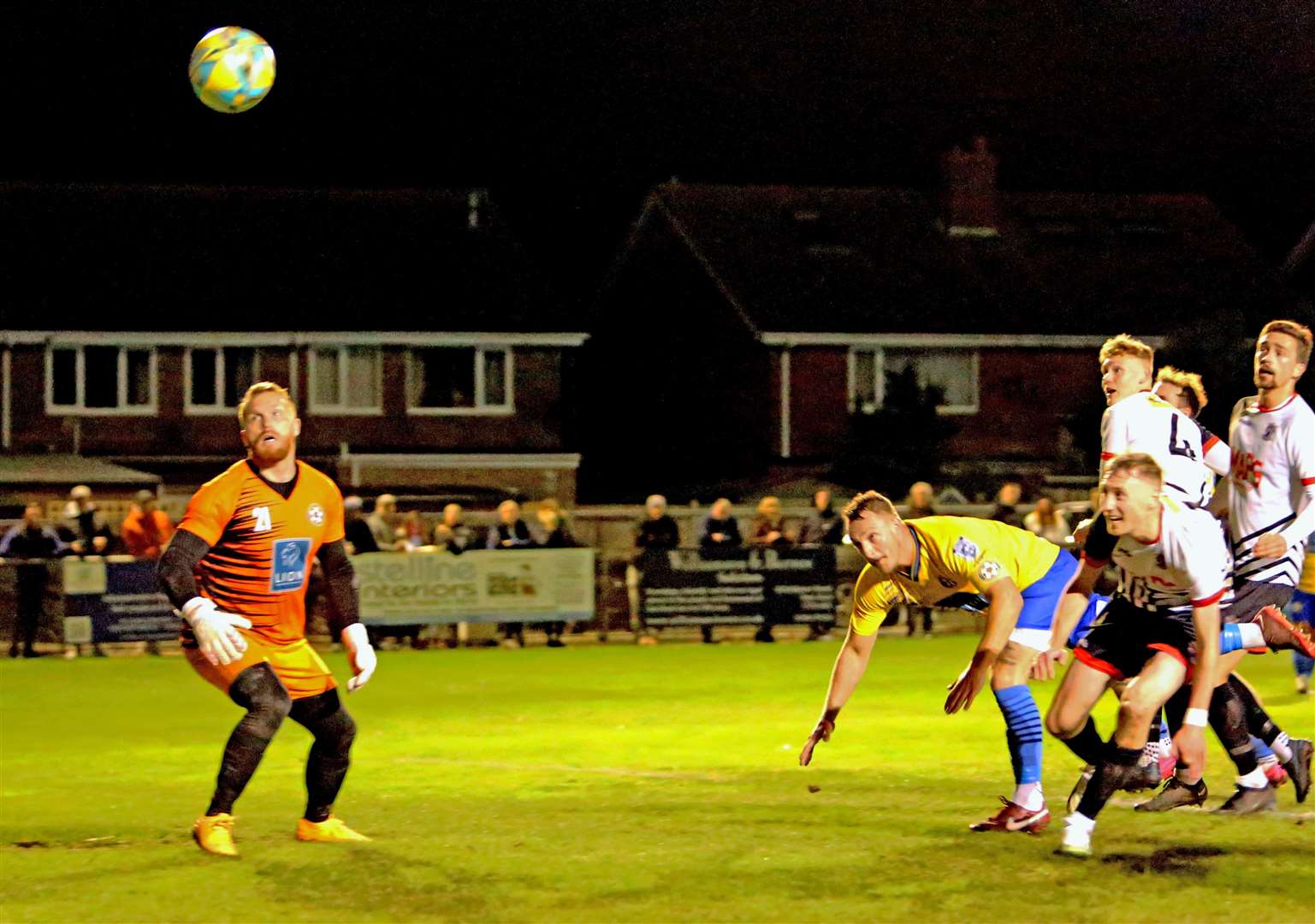 Defender Alex Green sees his header flash past the post for Deal while Snodland goalkeeper Adam Molloy is rooted to the spot in the Hoops’ 3-0 defeat last Tuesday. Picture: Paul Willmott