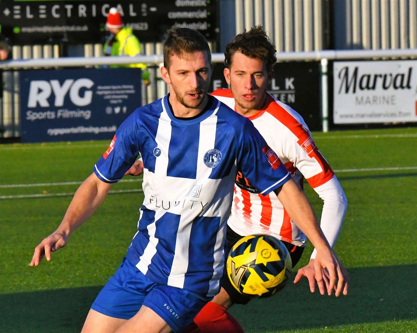 Herne Bay frontman Kane Rowland - is expected to be fit to play this weekend, despite taking a bad whack in their 2-2 draw at Merstham. Picture: Marc Richards
