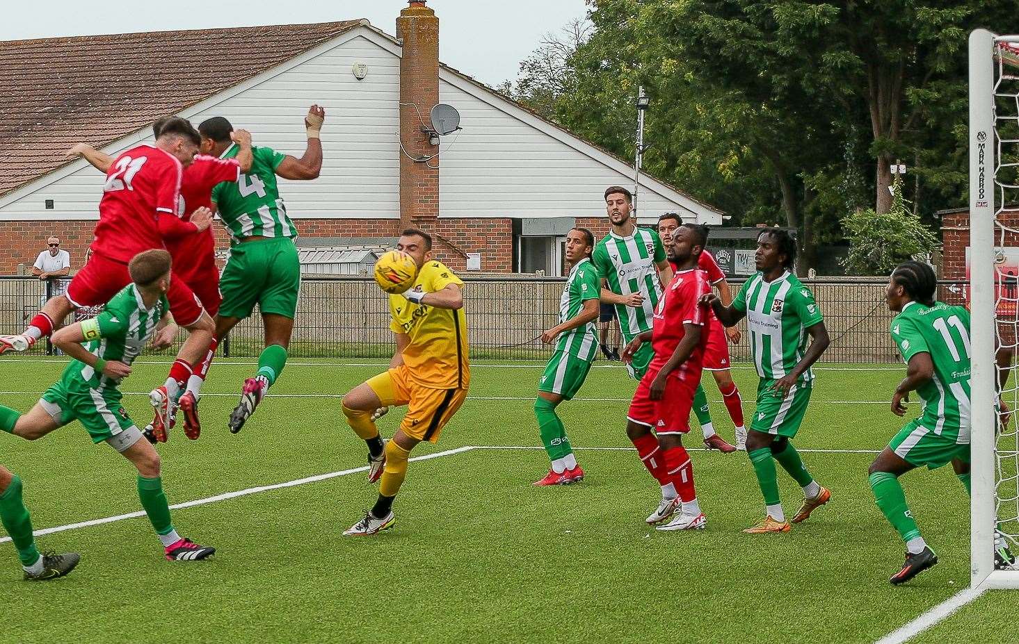 Harvey Smith heads home for Whitstable against Rusthall - but Saturday’s game was later abandoned after injury to away keeper Stefanos Akras. Picture: Les Biggs