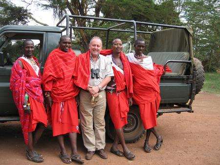 Professor Ian Swingland with James Kinyaga and Ochen Mayiani in Kafue National Park, Zambia, in support of the Samburu and Il Ngwesi Maasai people
