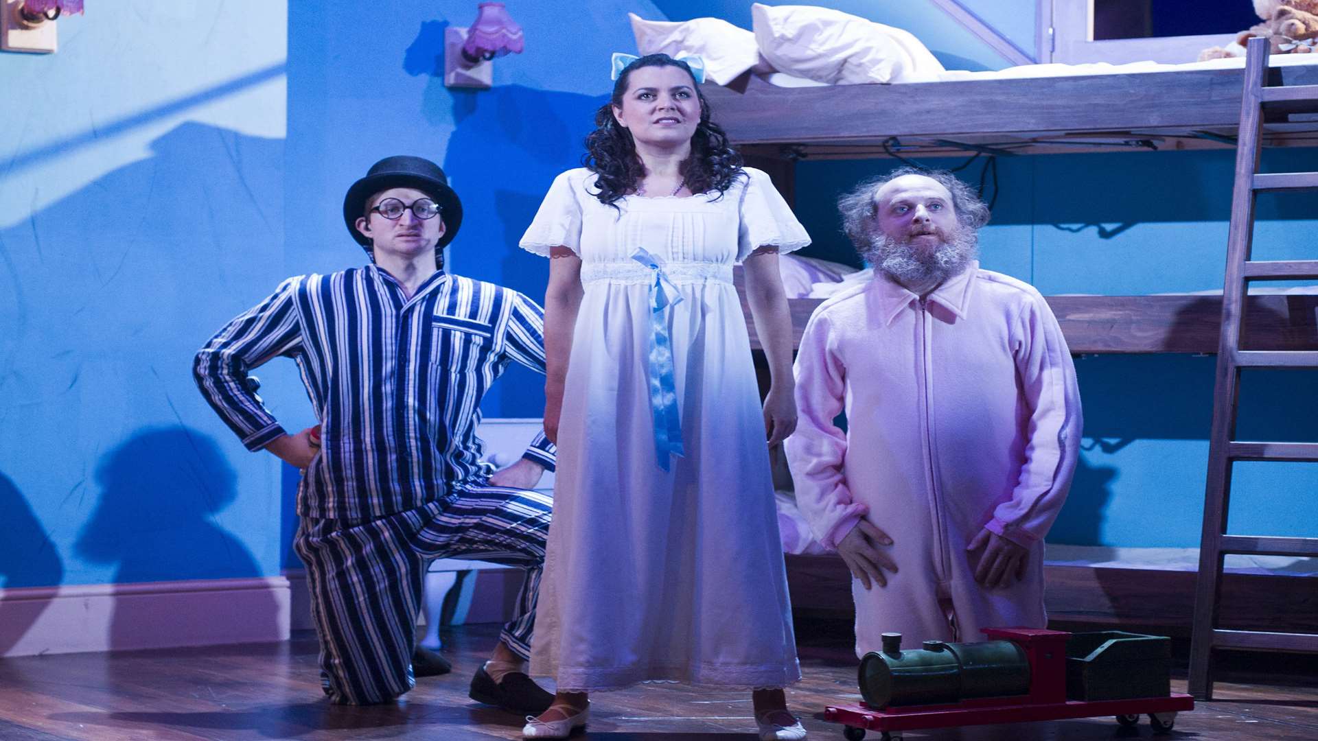 James Marlowe, Leonie Hill and Cornelius Booth in Peter Pan Goes Wrong