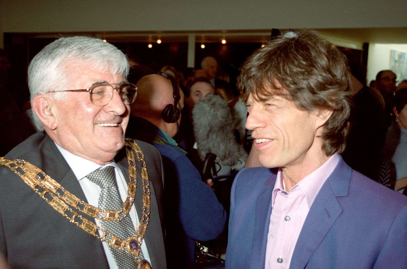 Former Mayor Of Dartford Ivor Jones pictured with Mick Jagger at the opening of his centre at Dartford Grammar.