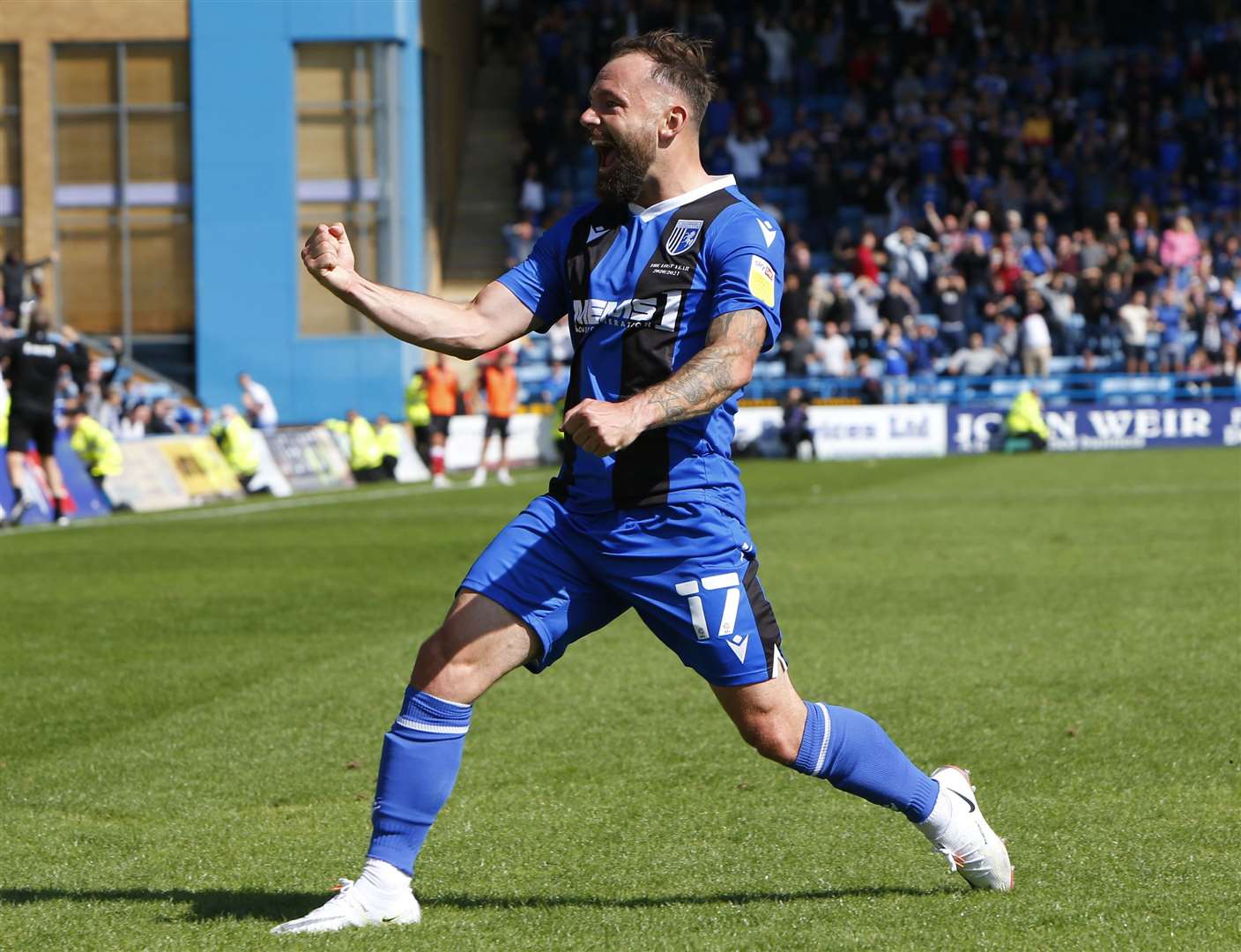 Danny Lloyd celebrates scoring Gillingham's first goal of the new season in the 1-1 draw against Lincoln. Picture: Andy Jones