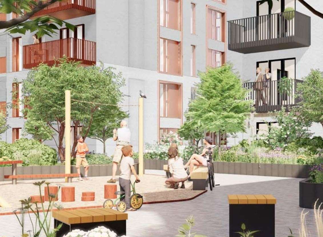 What the communal garden within the development of the Buzz Bingo building in Chatham could look like. Picture: POD Architects Ltd