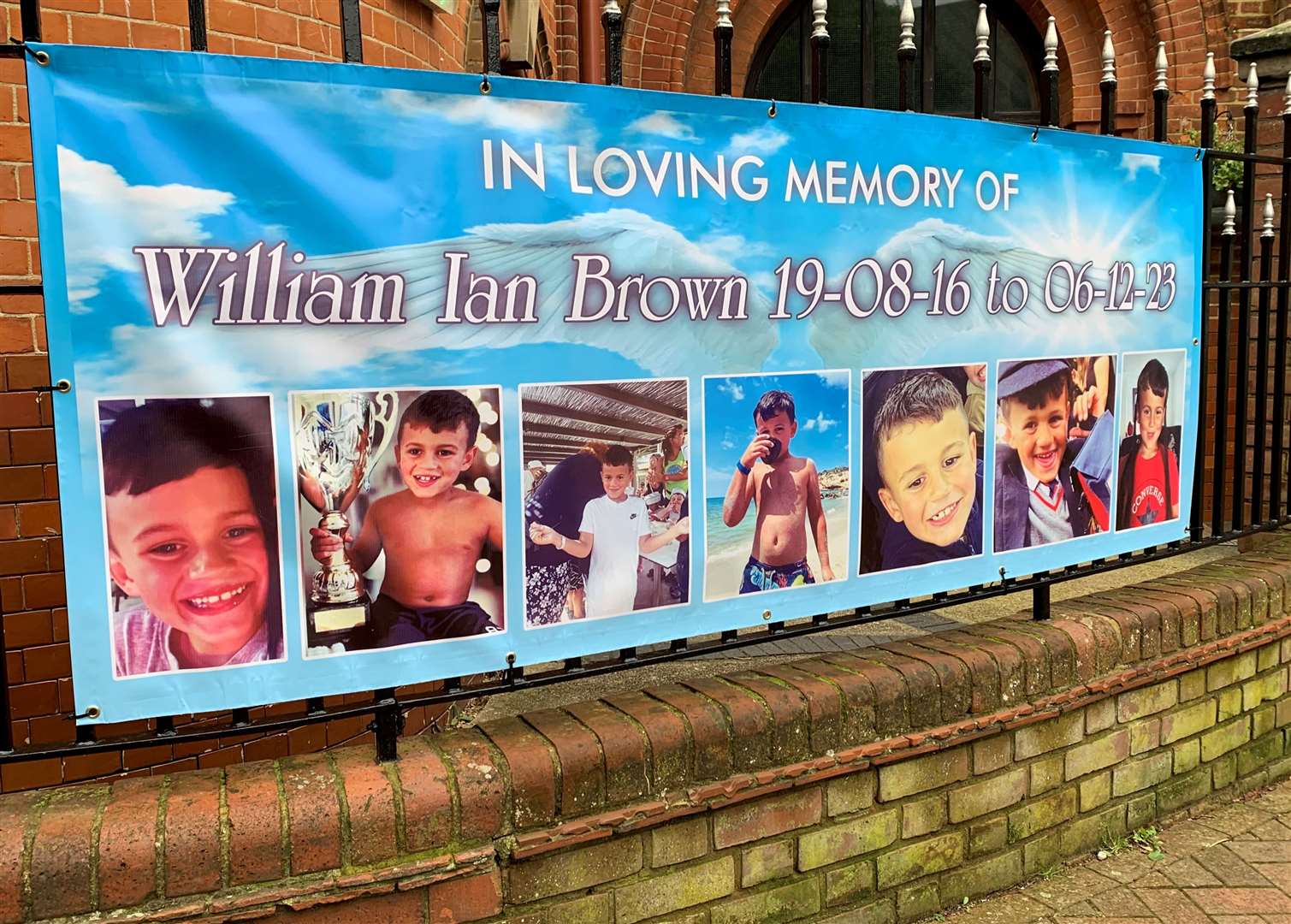 A banner outside The Church of St Mary and St Eanswythe in Folkestone ahead of William Brown's funeral. Picture Millie Bowles
