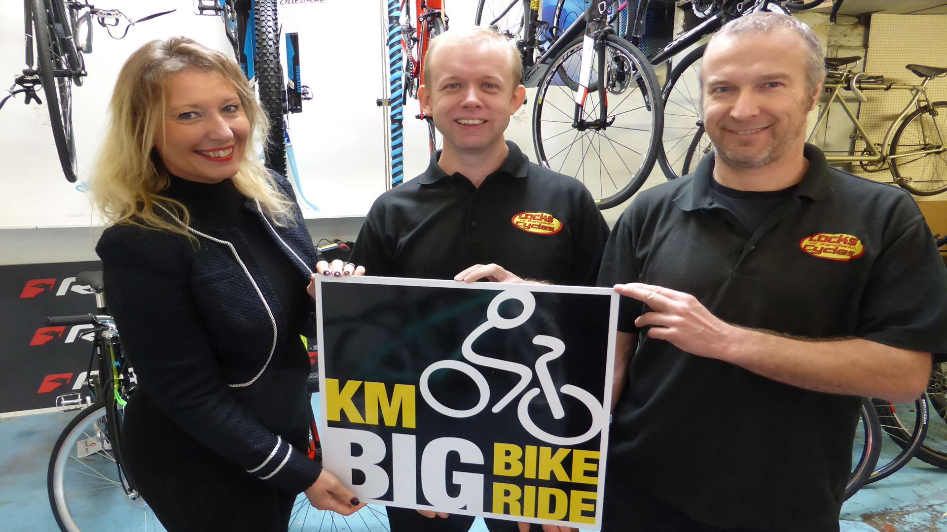 Lisa Craig of the KM Charity Team with Martin Hayes and Andy Croucher of Locks of Sandwich Cycles, which is the official 100K cycling event partner of the KM Big Bike Ride 2016.