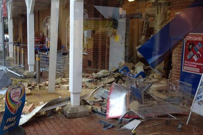 ATM ram raiders badly damaged the front of a Tesco branch in Maidstone. Picture: Lisa Archer