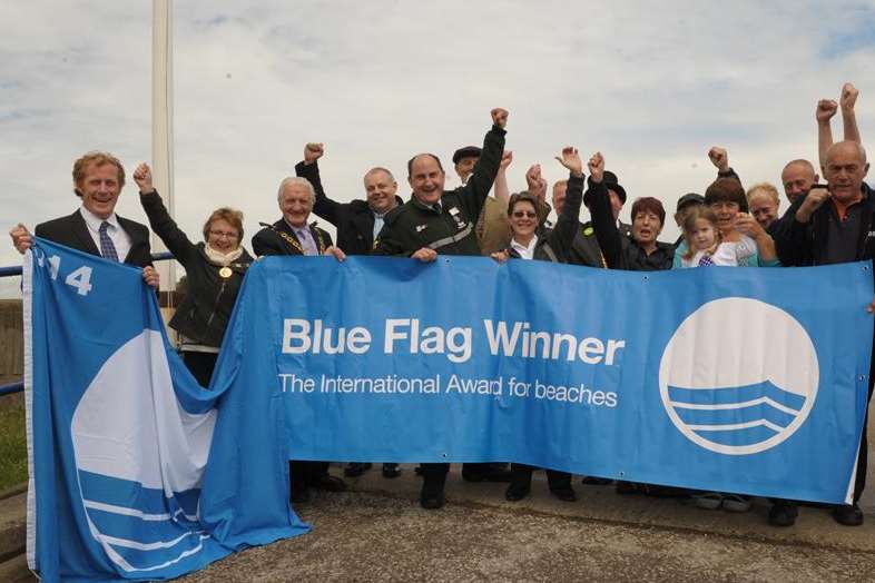 Users and council workers celebrating the Sheerness blue flag with Mayor and Mayoress of Swale, Cllr George and Brenda Bobbin