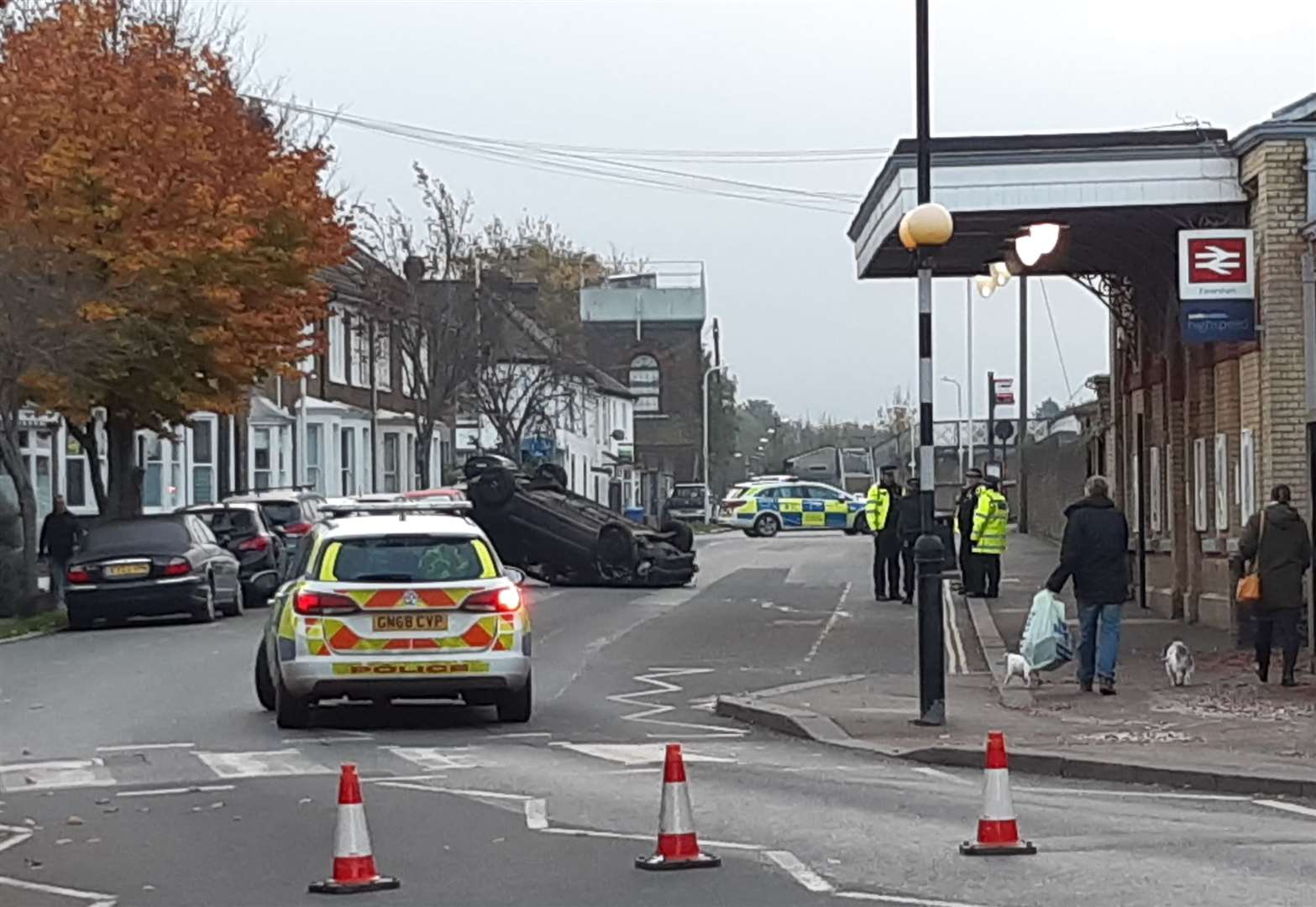 A car has flipped over outside Faversham station (20989515)