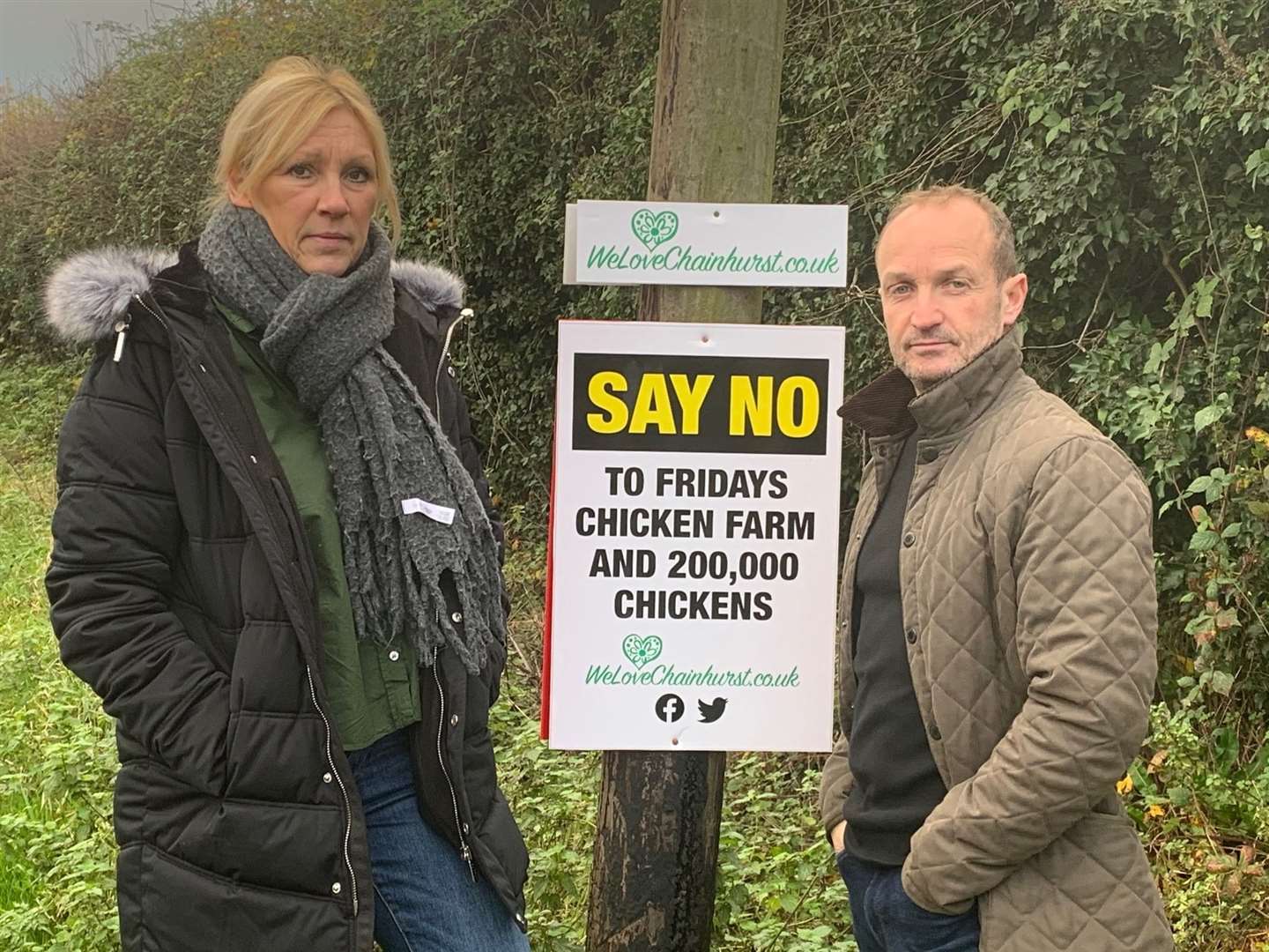 Adelle and Kevin Back at the site of the proposed chicken Farm in Chainhurst