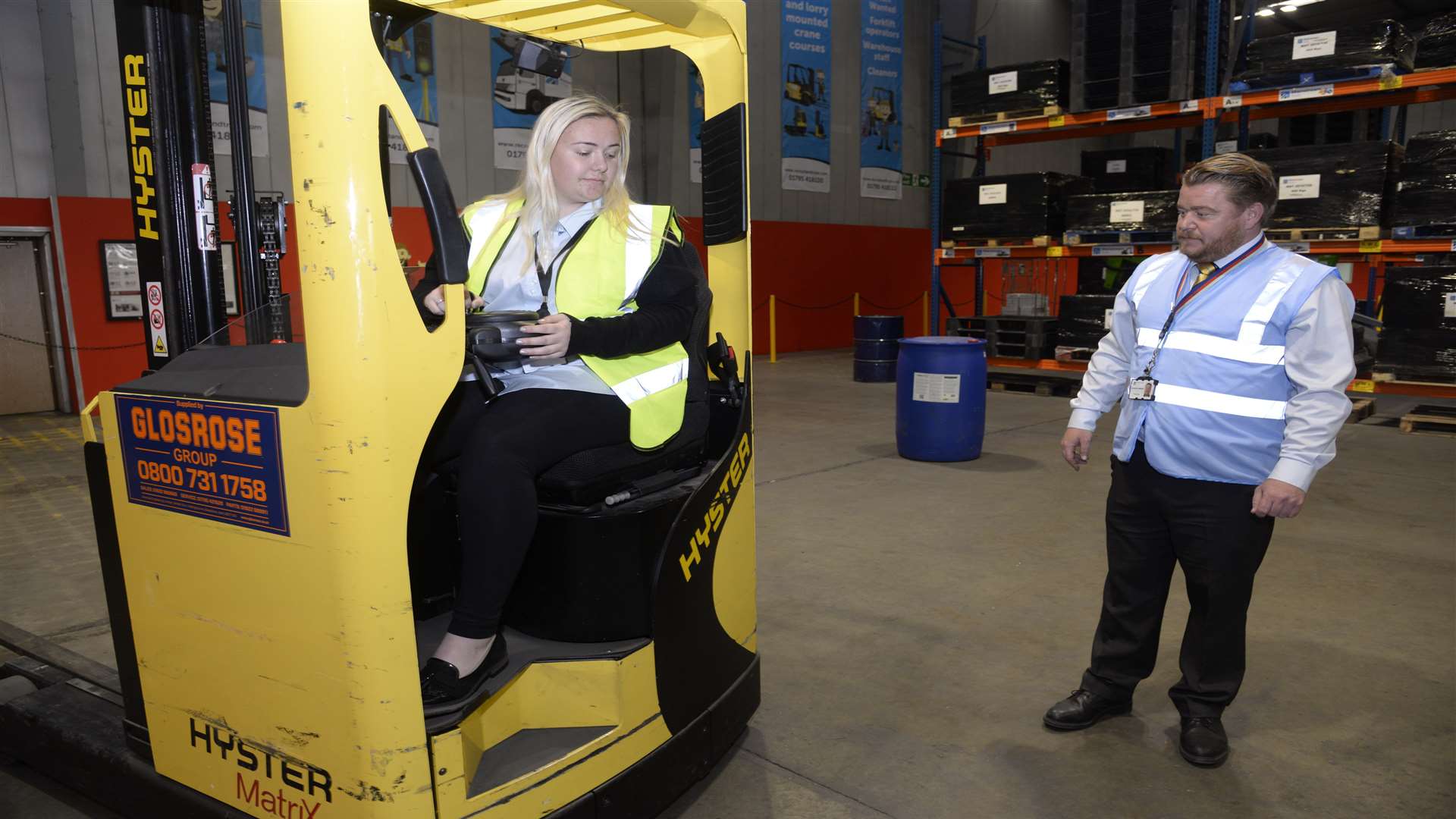 Georgia Eve takes a change from her usual role as an administrator at Mainstream to try out fork lift truck driving with instructor Charles Osmond during the open day