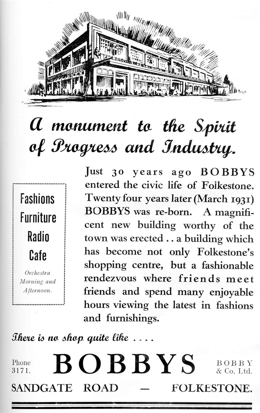 An advert for Bobbys from Folkestone Chamber of Commerce Directory in the 1930s.