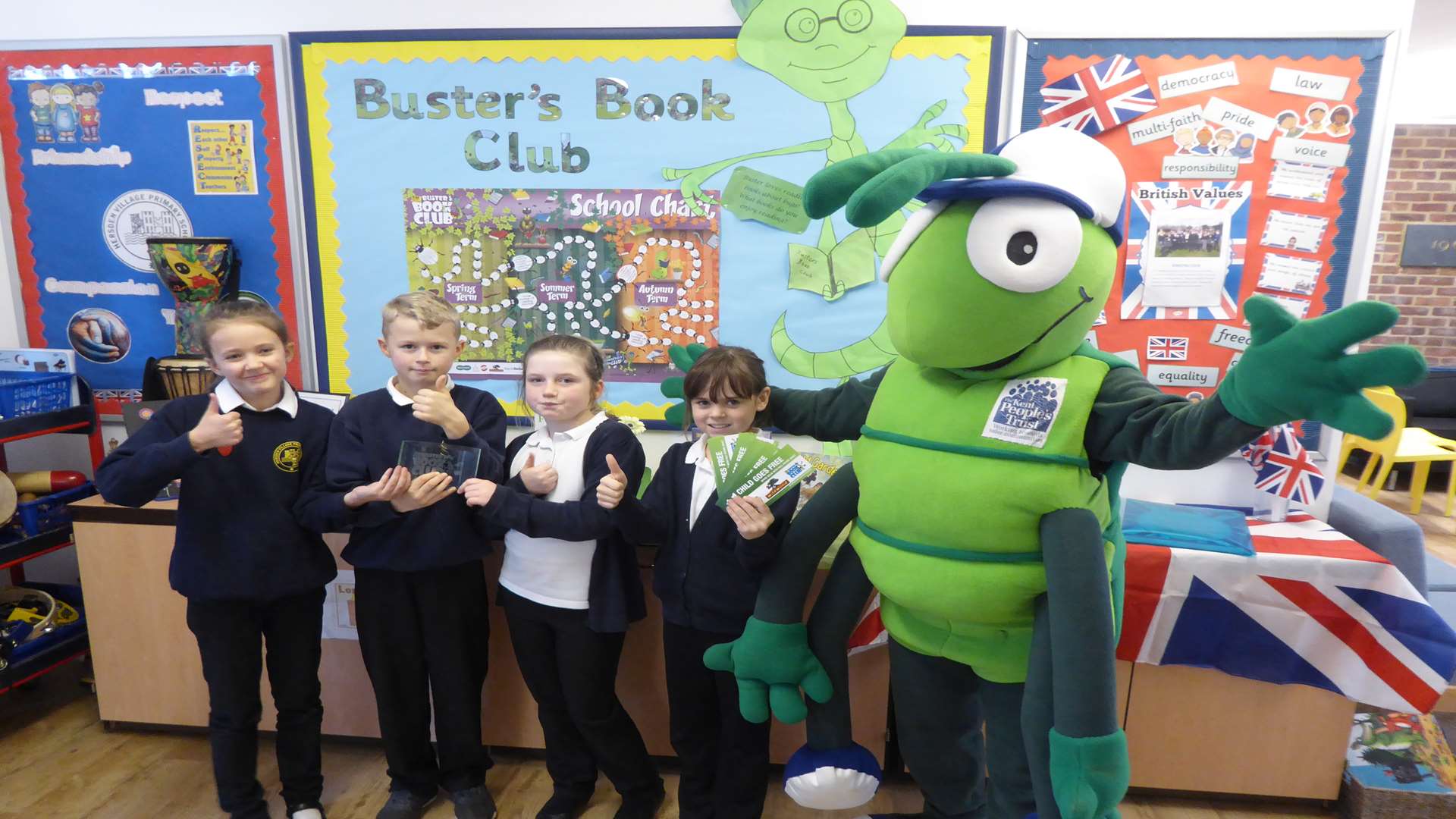 Daisy Hulks, Ronnie Hogben, Aoife Drumm-Rigden and Hannah Fisher celebrate winning the first of Hersden Primary School's Reading Class of the Week awards. The class win Wildwood entry vouchers.