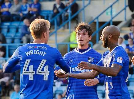 Gillingham celebrate a goal from Josh Wright Picture: Andy Payton