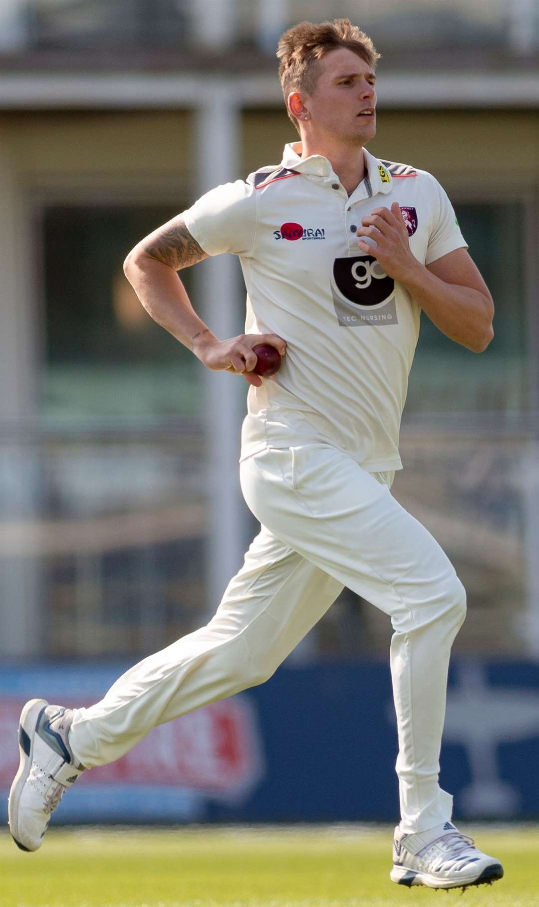 Kent's Harry Podmore bowls against Loughborough MCCU at Canterbury Picture: Ady Kerry