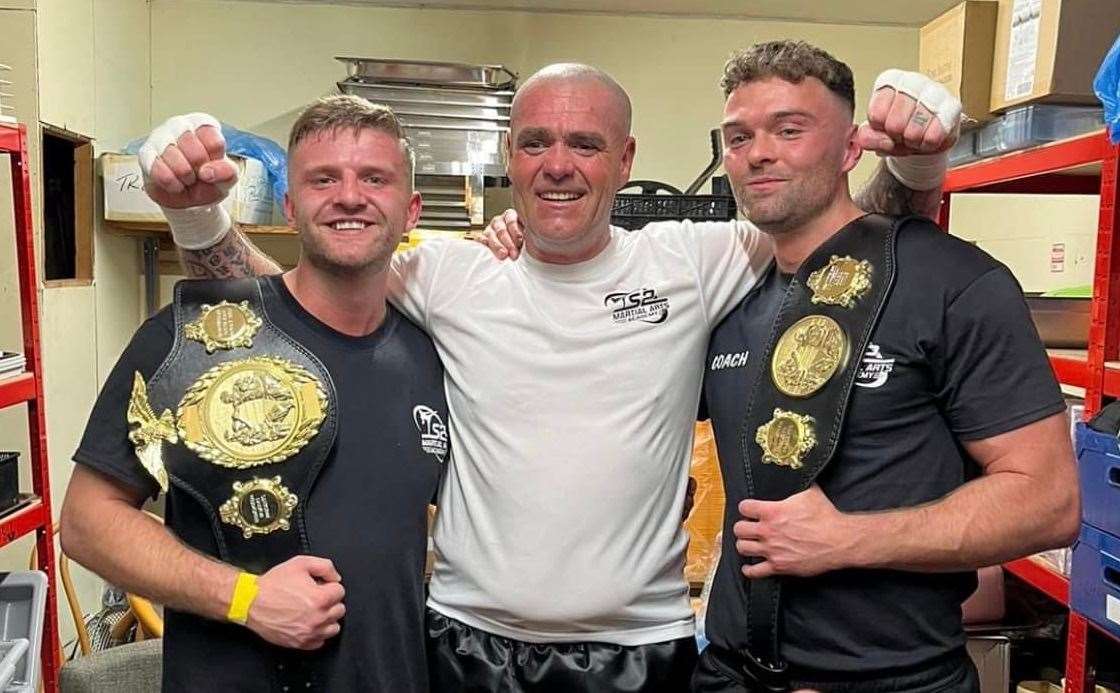 Faversham's Dan Madden with brothers Tommy and Frankie Smith and the Kent and Southern Area belts