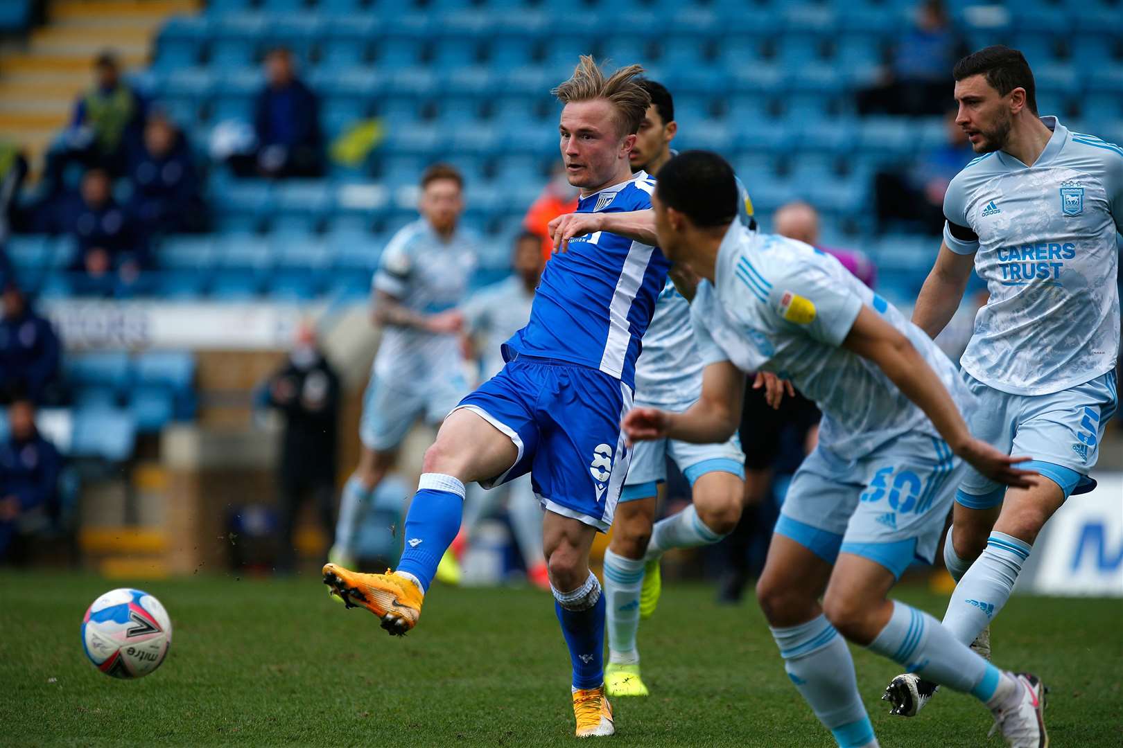 Gills skipper Kyle Dempsey spreads the play against Ipswich. Picture: Andy Jones
